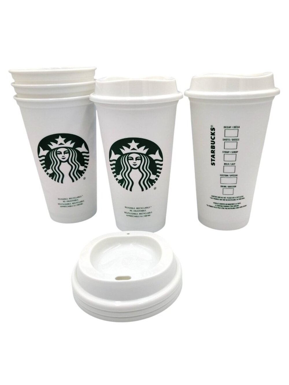 Starbucks Grande Cups Reusable Coffee 16 Oz. Match Lids Set of 5 White Plastic